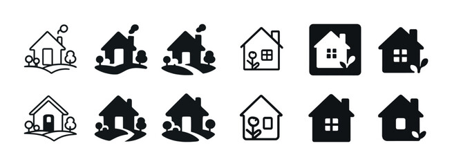 Minimalistic house icon set collection with diverse styles and shapes