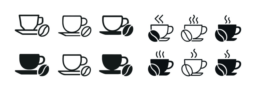 Variety of coffee mug icons with coffee beans and steam illustrations