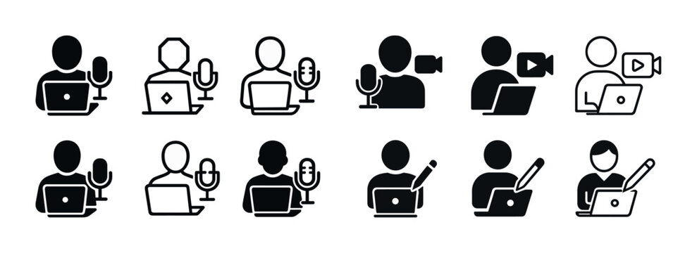 Podcast and vlog icons set: microphone, laptop, camera symbols