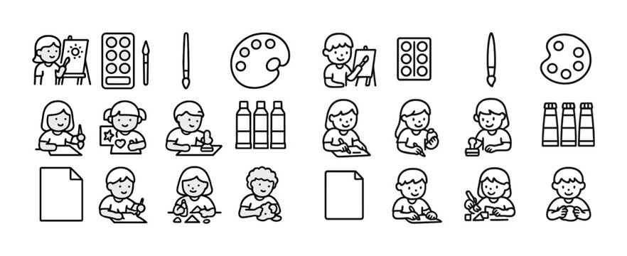 Children engaged in creative arts activities with drawing and painting tools