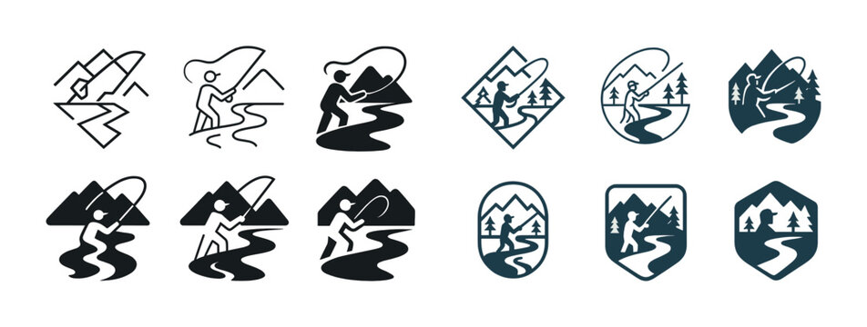 Abstract fishing logos: nature, adventure, mountains, rivers, outdoor
