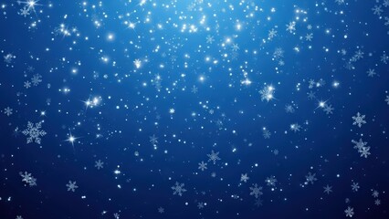 Fototapeta premium Festive deep blue background filled with sparkling white light particles and delicate snowflakes, perfect for high-energy holiday and year-end sale promotions