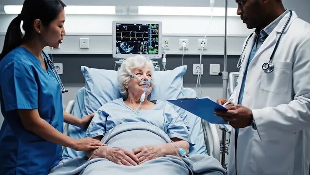 Doctor and nurse caring for elderly patient in hospital bed medical healthcare treatment recovery