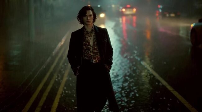 Homem elegante caminhando na rua a noite sob a chuva