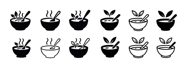 Set of black and white soup bowl icons with steam and leaves