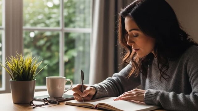 Woman writing in a notebook at a table by a window with a mug plant and glasses nearby