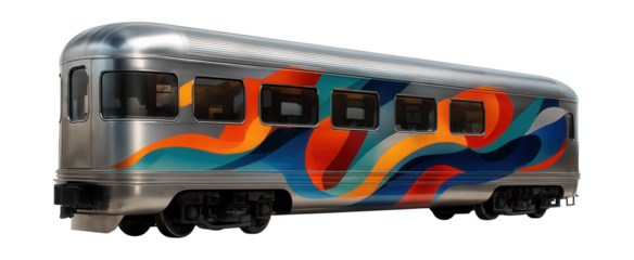 Contemporary dining car featuring abstract art and sleek stainless steel finishes.