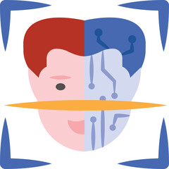 Human Face Split Between Organic and Technological Elements With Circuitry Patterns and Corner Accents On White Background In Studio Lighting