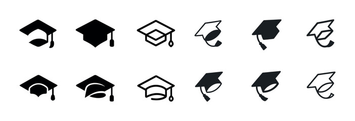 Set of graduation cap icons in various designs and styles