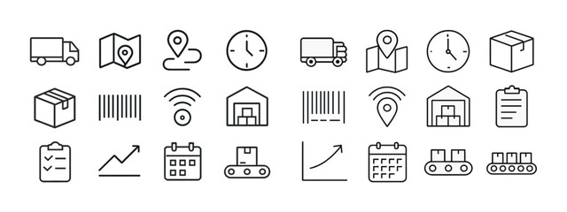 Fototapeta premium Logistics icons set: trucks, maps, barcodes, warehouses, calendars, charts