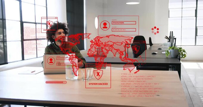 Man and woman seeing laptop SYSTEM HACKED holo in tech office greeting reading docs while securing