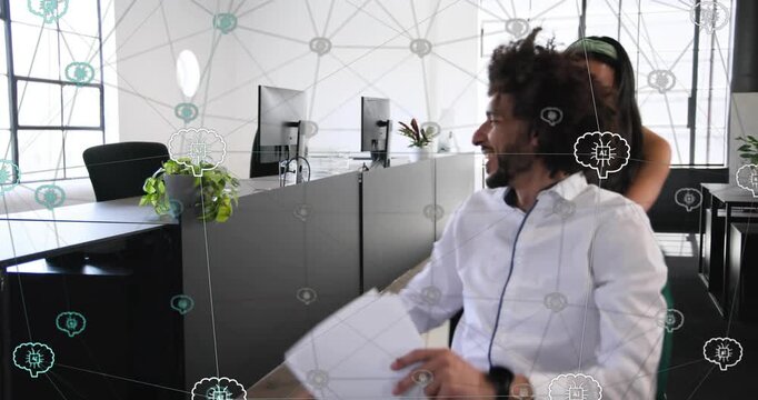 Woman pushing rolling chair, man holding papers wobbling and waving while creating fun office scene