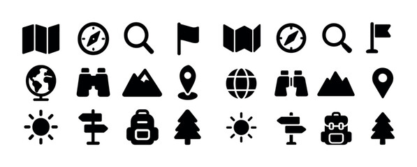 Adventure icon set: compass, map, backpack, nature, travel symbols in black silhouette