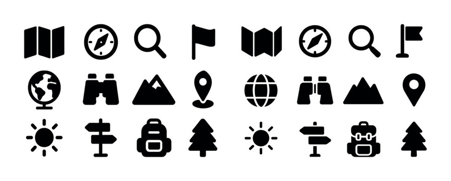 Adventure icon set: compass, map, backpack, nature, travel symbols in black silhouette