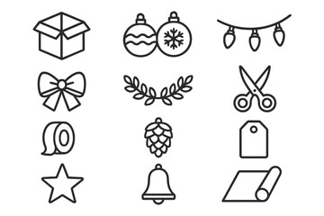 Christmas Preparation Icons. Christmas Prep. Line outline icon set of Christmas Prep: open box, ornament balls