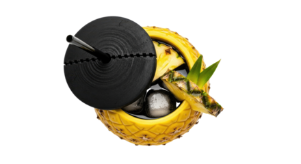 Black spherical bomb with a fuse and yellow cracked shell.