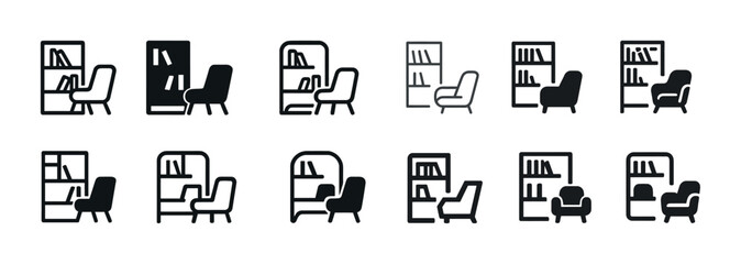Diverse bookcase and chair icon set in various styles