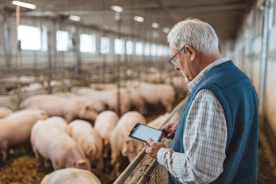 Senior veterinarian observing pigs in pen while using tablet at a pig farming facility