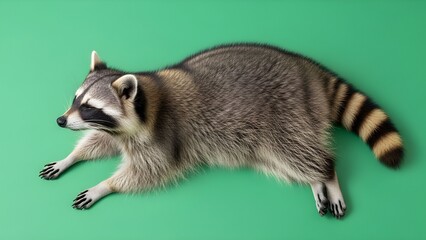 Flat lay shot of a raccoon lying relaxed, fluffy tail visible