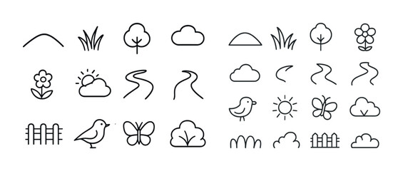 Minimalist nature icon set: trees, clouds, birds, flowers, sun