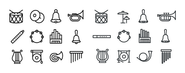 Collection of musical instrument icons: drums, cymbals, bell, trumpet, lyre, tambourine