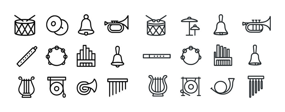 Collection of musical instrument icons: drums, cymbals, bell, trumpet, lyre, tambourine