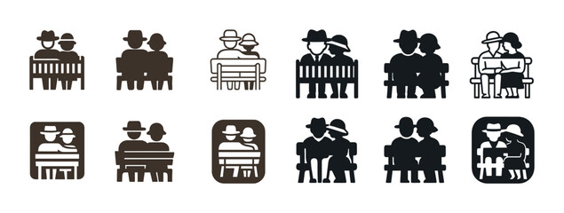 Obraz premium Silhouette icons of couples on benches in various styles and poses