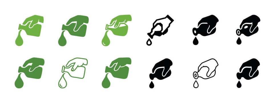 Various hand-drawn oil drop and container icons in green and black