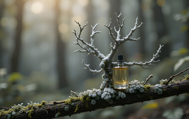 oakmoss ( mousse de ch&ecirc;ne), Evernia prunastri with essence of oakmoss against forest background. conceptual digital art. Ai generated