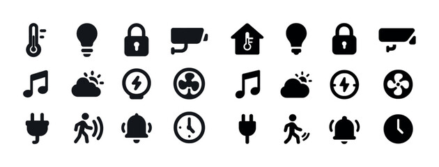 Obraz premium Smart home icon set: temperature, security, energy, music, fan, weather, alarm, plug, clock
