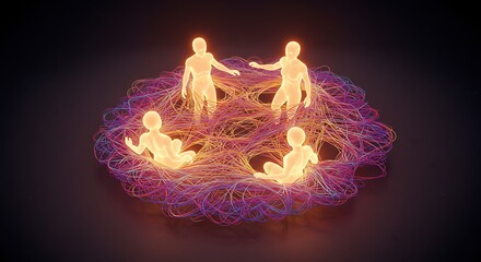 Glowing figures connected by intricate, colorful threads, suggesting teamwork and interconnectedness