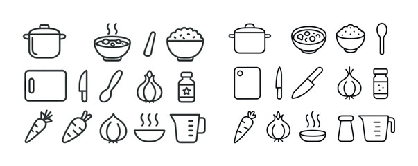 Kitchen utensils and ingredients line icons for cooking
