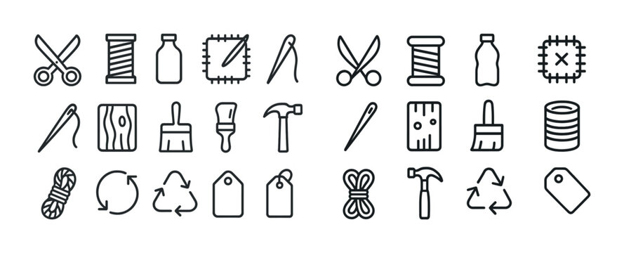 Set of sewing and craft line icons including scissors, thread, needle, paintbrush, hammer, and tags