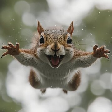 Excited Squirrel with Open Arms, Facing Camera, Nature Background
