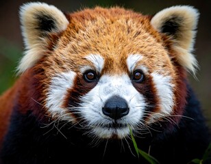Close-up of a red panda with adorable eyes, grass in mouth