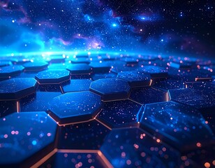 Glowing hexagonal pattern set against a cosmic backdrop, creating a futuristic, abstract scene
