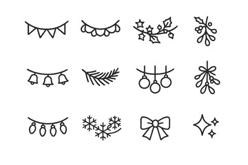 Fototapeta premium Decorative Garland Icons. Decorative Garlands. Line outline icon set of Decorative Garlands: string garland,