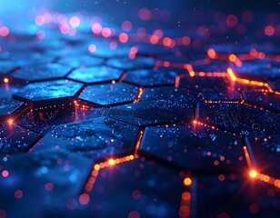 Glowing hexagonal pattern with red and blue lights, suggestive of data transfer and technological advancement