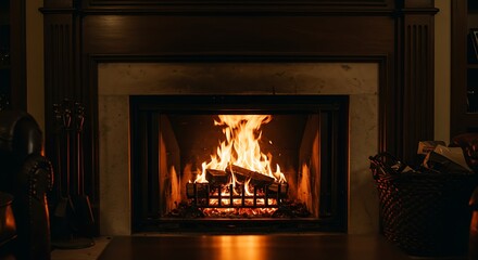 Glowing flames burning inside a dark fireplace, surrounded by wood paneling and marble