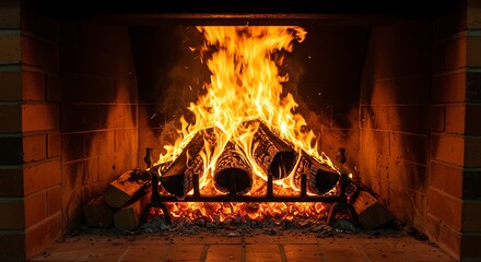 Glowing flames consume logs within a brick fireplace, offering a warm and inviting scene