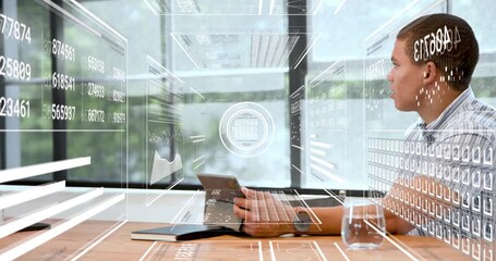 Seated man using tablet projecting HUD charts to central marker while woman sharing business data