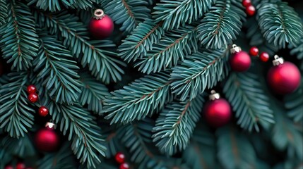A detailed, close-up view of a decorated Christmas tree branch, featuring deep green pine needles adorned with small, shiny red baubles and clusters of red berr