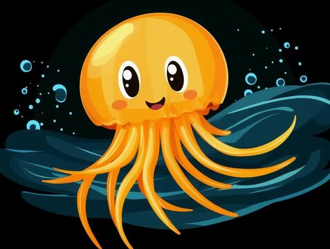 Smiling Animated Jellyfish Swimming in the Deep Blue Sea
