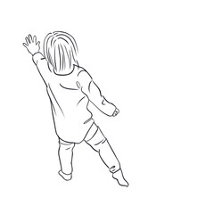 Monochrome line art illustration of a young child dancing with one arm raised, captured from behind in a playful and expressive pose