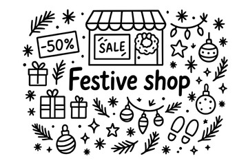 Fototapeta premium Festive Shop Doodle. Festive shop. Hand-drawn doodle illustration of festive shop. Shopfront, Christmas lights