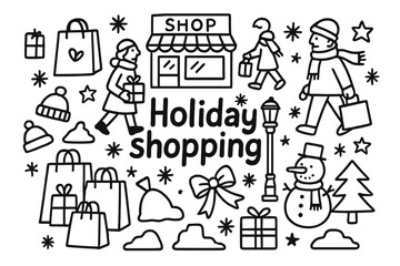 Festive Shopping Doodles. Holiday shopping. Hand-drawn doodle illustration of holiday shopping. Gift bags,