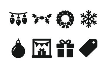 Festive Store Icon Set. Store decorations. Filled icon set of store decorations: hanging lights, Christmas