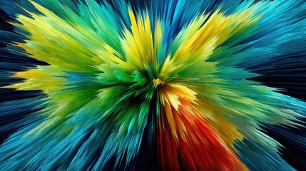 A dynamic abstract explosion of bright, sharp-edged streaks in yellow, green, blue, and red against a dark, deep blue background.