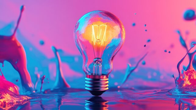 illuminated lightbulb with vibrant splashes, symbolizing creative vision in a dynamic burst of color and electrifying conceptual power and innovative thinking
