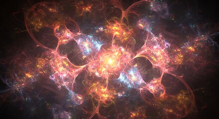 Glowing, fractal art composition featuring abstract shapes with vibrant colors against a dark background